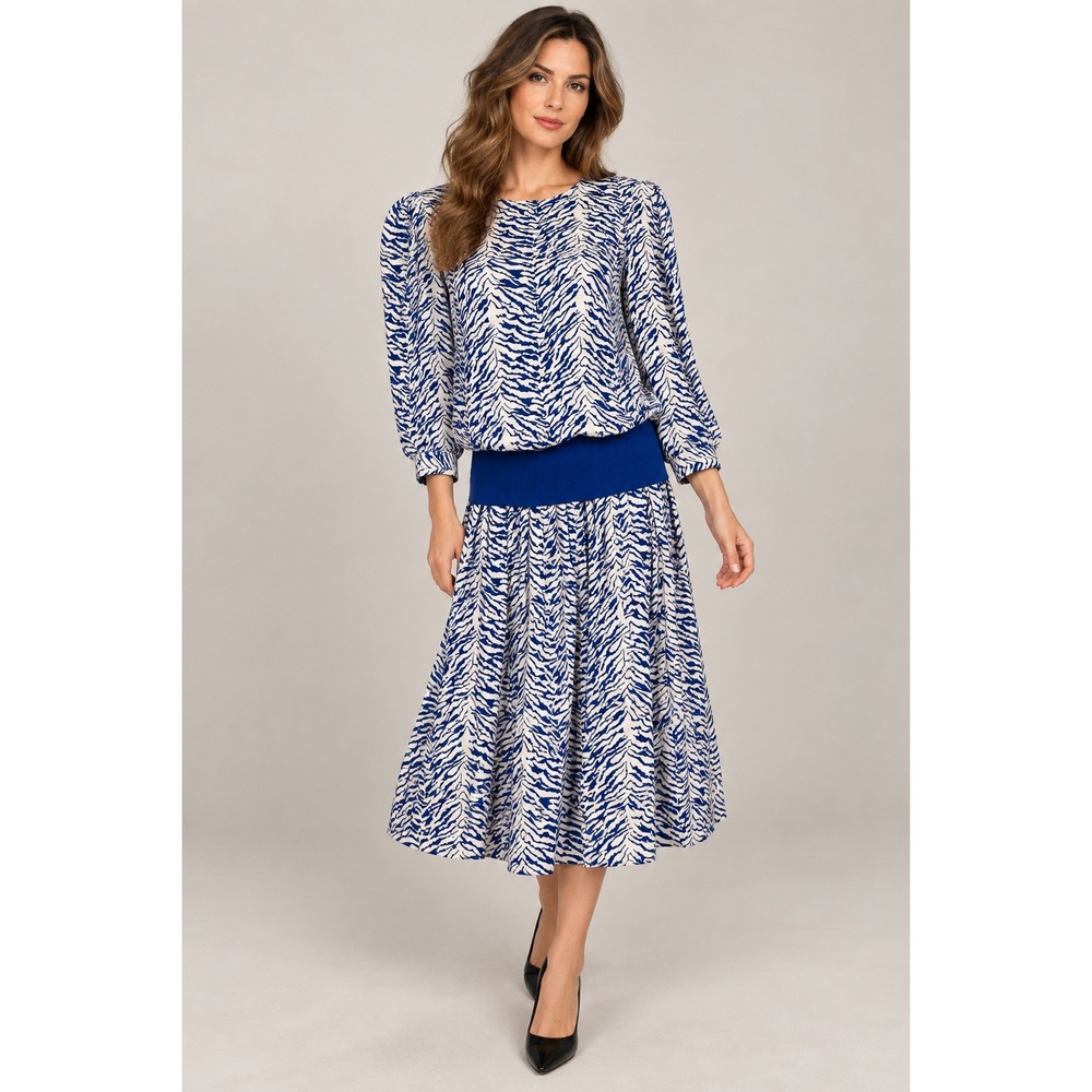 80s Liz Roberts Blue White Animal Print Drop Waist Midi Dress Size 12